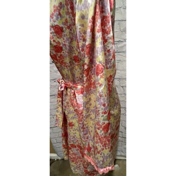 Adonna Vintage Satin Nightgown & Robe Pink Floral Silky Belted Size Large - Picture 15 of 16